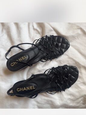 CHANEL Black Quilted Leather Strappy Lace Sandals